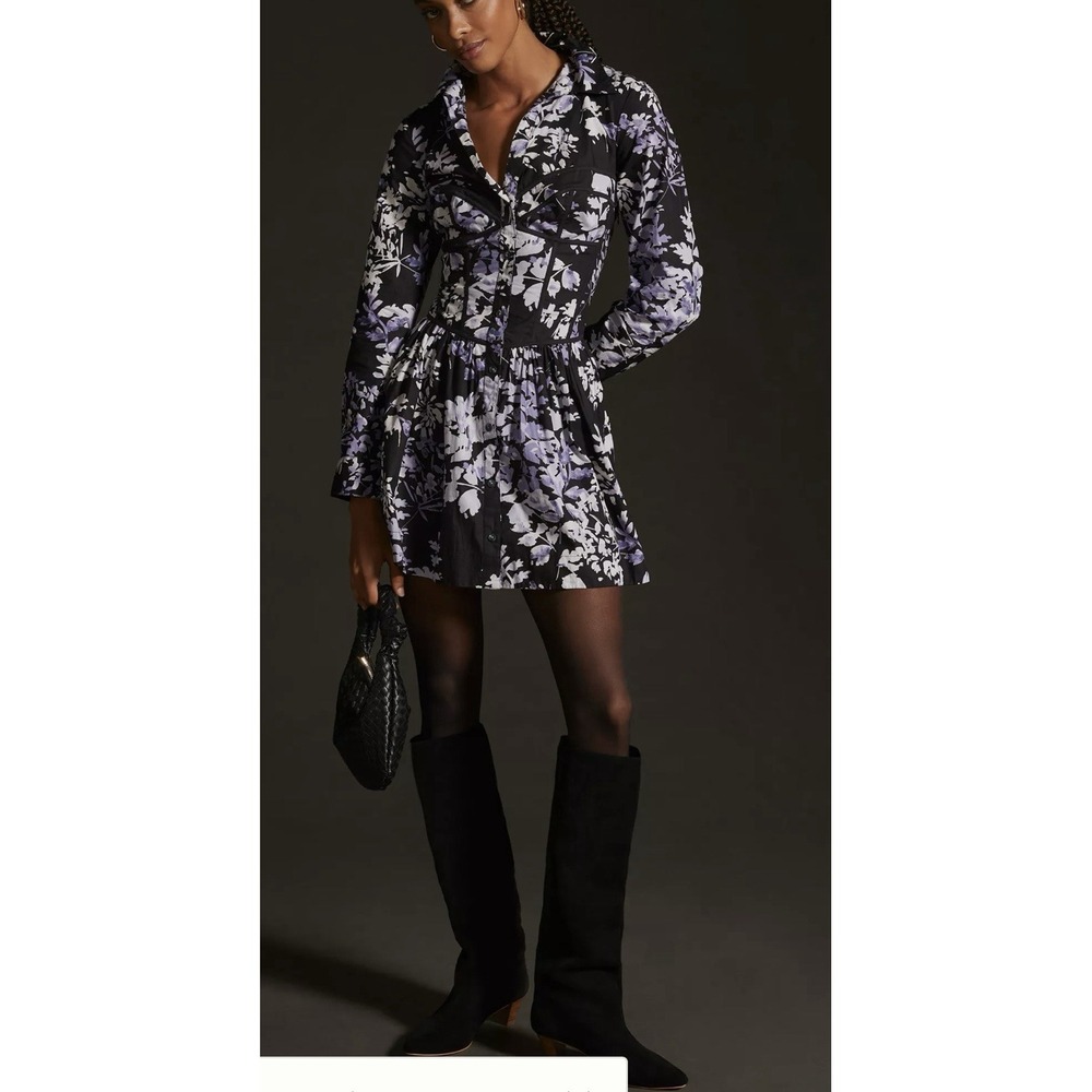 Anthropologie Corset Shirt Dress Sz6 Womens Floral Knee Length Button Down
